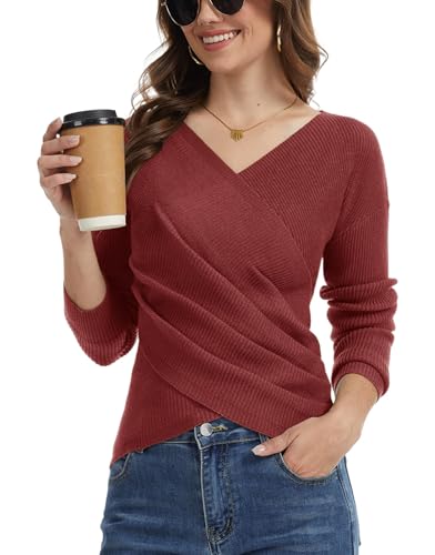 Wrap Sweater for Women, Elegant V Neck Long Sleeve Criss Cross Wrap Front Pullover Casual Knit Sweaters Red