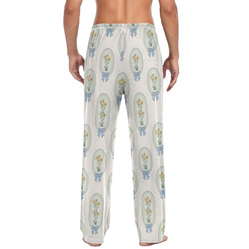 Men’s Vintage Flowers Bows Pajama Pants with Pockets, Comfortable Lounge Sleep Bottoms#7252