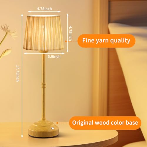 TRRMEZY Vintage Wood Retro Cordless Beside Table Lamp Rechargeable Battery Operated Table lamp,Fabric Shade with 3 Color Stepless Dimming,Touch Control for Bedroom, Nightstand, Dining Room