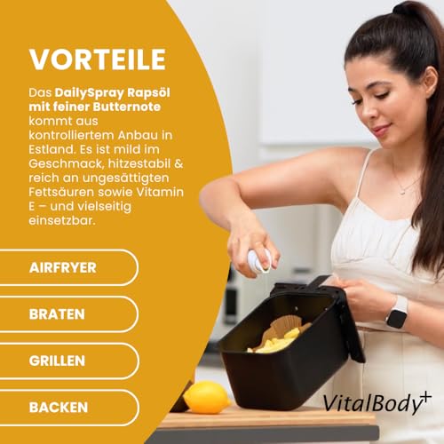 VitalBody+ DailySpray Rapsöl mit Buttergeschmack – 2 kcal Ölspray für Airfryer, Braten & Grillen – Kalorienarm Kochen – Non-stick Cooking Spray, 800 Portionen