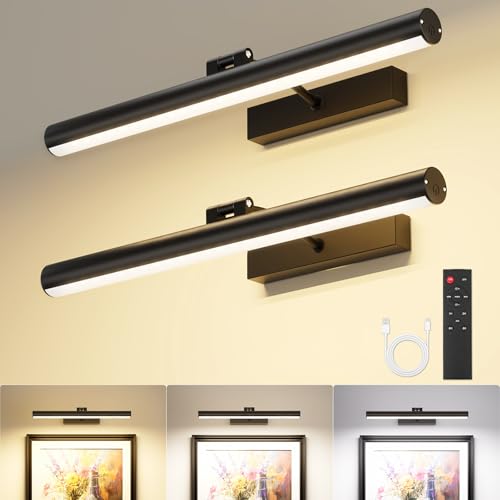 VOLISUN 16 inch Picture Lights for Wall, Rechargable Picture Light Battery Operated, 3 Color Temperatures Cordless Picture Light with Remote, Art Light for Paintings, Gallery, Portrait, 2 Pack (Black)