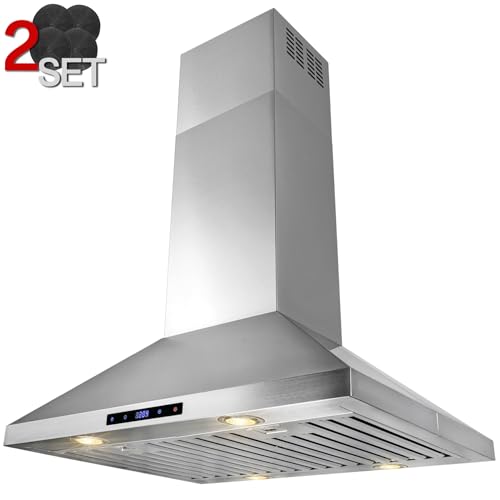AKDY 30 in. Island Mount Range Hood, 4-Speed Fan and LED Lights in Stainless Steel, Convertible Range Hood Ducted to Ductless with 2-Sets of Carbon Filters - Thumbnail 4