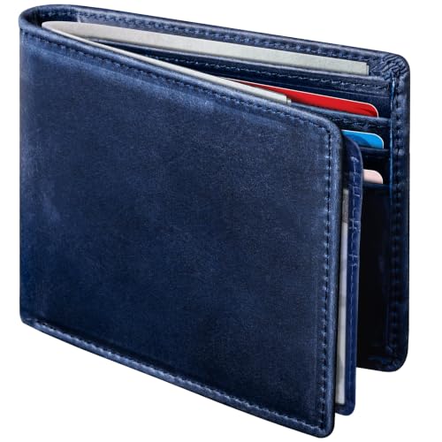 GSOIAX Premium Crazy Horse Leather Wallet for Men-Handcrafted Vintage Bifold Wallet with 11 Card Slots,2 ID Windows & 2 Cash Pockets,RFID Blocking,wallet Gift ideas for Him (Blue)