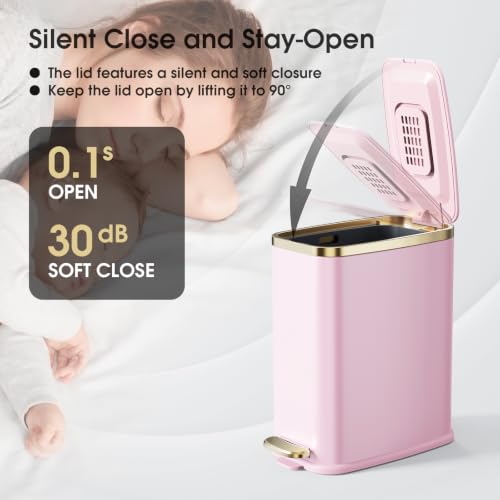 Image of CEROELDA Small Bathroom Trash Can with Lid-5L /1.3 Gal-Soft Close Lid-Pink