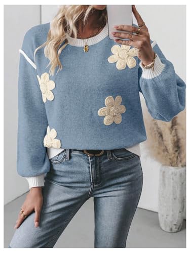 Image of RoseSeek Women's 3D Floral Appliques Crewneck Sweaters Long Sleeve Drop Shoulder Pullovers Elegant Knit Tops