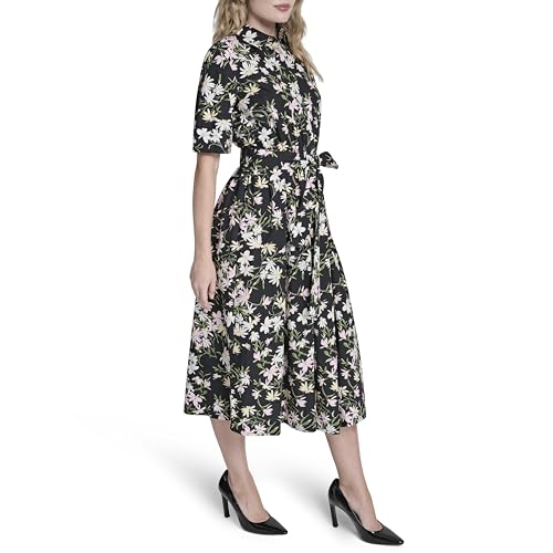 Image of DKNY Women's Short Sleeve Cotton Poplin Collared Midi Shirtdress