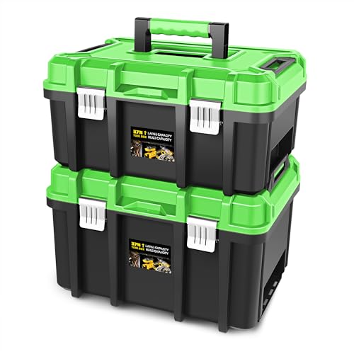 βDNA MOTORING 2pcs Tool Boxes Set - Lockable Organizer Storage Portable Toolbox with Removable Tray for Workshop Garage & Household, Large Capacity, TOOLS-00310-GR