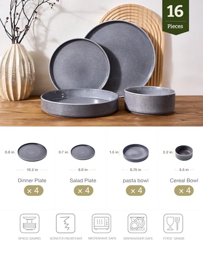Image of Famiware Annecy Plates and Bowls Sets, Service for 4 (16 Pieces), Dinnerware Sets with Pasta Bowls, Microwave and Dishwasher Safe Dishes Set, Chip and Scratch Resistant, Misty Blue