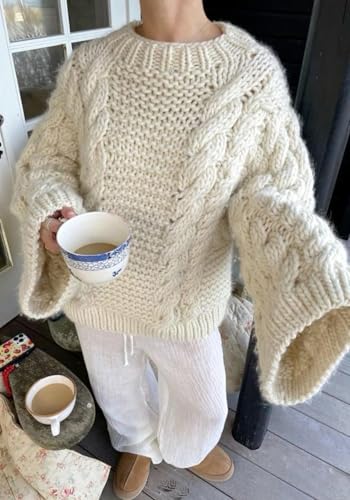 Tbahhir Women's Oversized Cable Knit Sweaters Crewneck Pullover Loose Long Sleeves Ribbed Chunky Slouchy Tunic Tops2