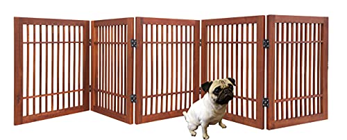 Pet Dog Gate Strong and Durable Freestanding Folding Acacia Hardwood Portable Wooden Fence Indoors or Outdoors by Urnporium (Brown Pet Gate, 5 Panel 24" Tall)