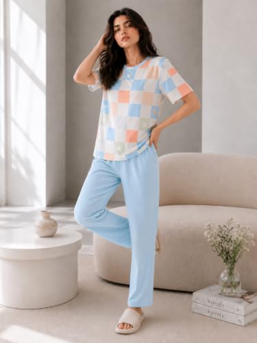 Image of Women's Korean Style Looper Fabric Nightsuit Set | Cute Print Half Sleeve T-Shirt & Pajama Set | Soft Comfortable Nightwear & Loungewear for Women