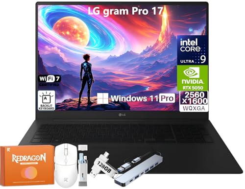 Image of LG gram Pro 17 AI Laptop, 17 inch WQXGA (2560x1600) IPS Display, Intel 16-Core Ultra 9 285H up to 5.4 GHz, 32 GB LPDDR5X RAM, 1 TB SSD, GeForce RTX 5050, Backlit Keyboard, Wi-Fi 7, BT 5.4, Windows 11 Pro