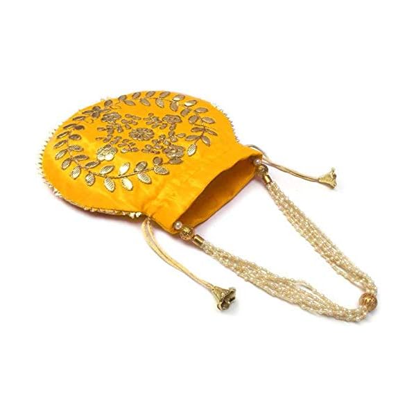 Zoya Gems & Jewellery Women’s Handbag, Wedding Potli Bag, Evening Bags, Designer Silk Potli Bag, Yellow Potli Bag Purse, Indian Ethnic Potli Bag, Gota Patti Handbag - Image 3