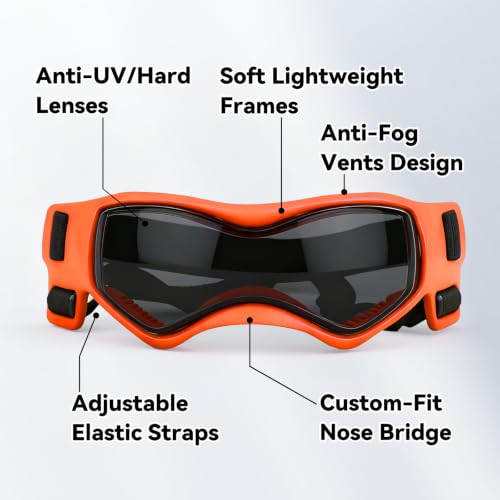Image of Dog Goggles, Small Breed Dog Sunglasses, UV Protection, Wind & Dust Rain Snow Protection, Orange, Small