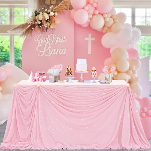 Image of B-COOL Shimmer Tablecloth Pink Sequin Tablecloth Wedding Glitter Overlay 90x132 Inch Valentines Day Tablecloths Christmas Rectangle Sequin Linens Backdrop Fabric for Party Mothers Day