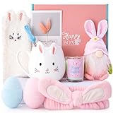 Ostergeschenke für Frauen, 9-Teiliges Oster-Geschenkset mit 12oz Keramik-Hasenbecher, Löffel, Socken, Haarband, Grußkarte, Ostergeschenk Frauen Ideen für Nichte, Tochter, Enkelin, Elegant Geschenkbox