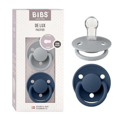 Tétine BIBS De Lux. Lot de 2 sucettes. Sans bisphénol A, Téterelle ronde. Silicone, Taille unique (0-36 mois), Cloud/Steel Blue
