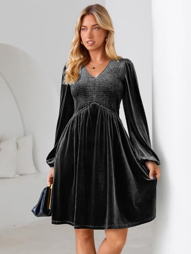 Simplee Womens Velvet Dress 2026 Fall Wedding Guest Smocked Long Sleeve V Neck Holiday Cocktail Dresses with Pockets Black — view 5
