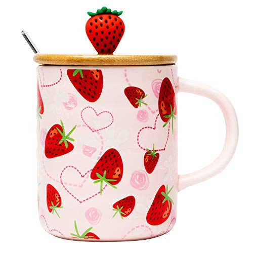 MonLiya Tasse à café en céramique en forme de fraise avec couvercle et cuillère, résistante à la chaleur, cadeau pour femme, maman, fille, professeur, amie Cover