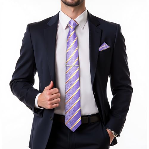 Image of DiBanGu Mens Striped Tie Silk Woven Necktie and Pocket Square Cufflinks Tie Clip Set Wedding Business Formal Gift Tie for Men
