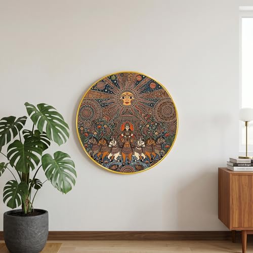 Image of SAF Surya Dev Round Wall Painting Traditional Folk Art PVC Golden Frame Sun God Chariot Horse Design Mandala Ethnic Wall Decor for Living Room Bedroom Home Office (20 x 20 Inch) GRL-388