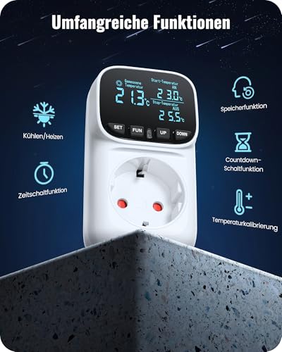 WILAWELS Deutscher Temperaturregler, Steckdose 230V mit Fühler, Temperaturschalter digital, Thermostat-Steckdose, VA-LCD-Display, 4 Zeitmodi, für Gewächshäuser, Kühlschränke, Aquarien, ZW01TCD06W1