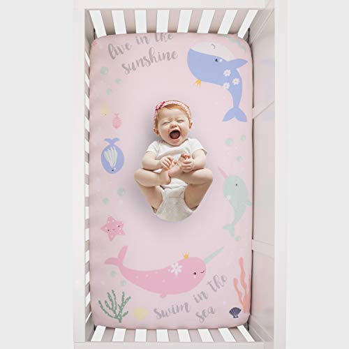 Image of NoJo Under The Sea Whimsy Pink and Blue Whales and Narwhals 100% Cotton Photo Op Fitted Crib Sheet