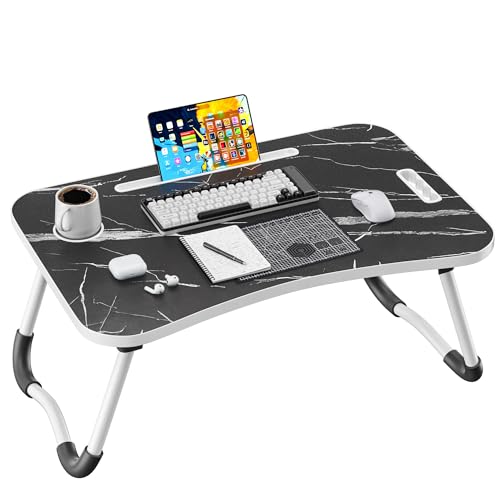 Image of Folding Lap Desk, 23.6 Inch Wood Laptop Bed Desk with Cup Holder, Portable Bed Table for Working Writing Reading & Eating for Bed, Sofa, Couch, Floor - Dark Black