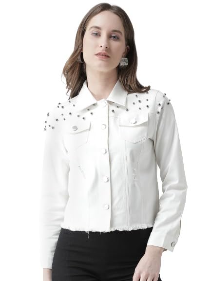 women jacket Women White Solid Embellished Denim Jacket-image-0