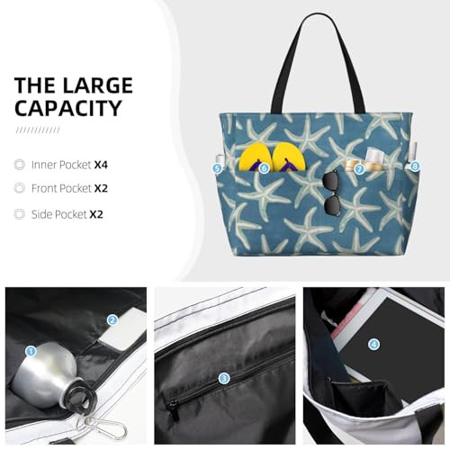 Starfish Coastal Wool Print Large Capacity Beach Travel Bag with Zipper and Pockets for Camping Travel Gym3