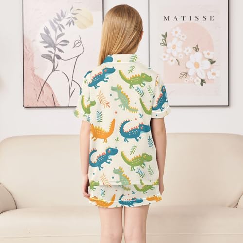 ALAZA Cute Crocodile Leaf Polka Dot Satin Pajamas Set Short Sleeve Button Down Sleepwear Summer Pjs 2 Piece4