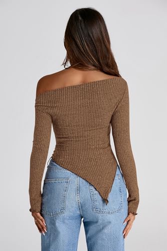 PRETTYGARDEN Women's Spring Long Sleeve Y2K Crop Top Trendy Off Shoulder Asymmetrical Fitted Knit Tee Shirts Going Out Tops2