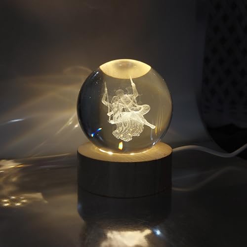 Image of 3D Radhe Krishna LED Crystal Ball USB Night Light, 6 Cm Glass Ball Night Lamp With Woodern Base, Decorations Gifts For Men & Women Meditation Or Relaxation