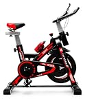 Bicicleta Spinning Ergométrica para Treino Cardiovascular, Metal, Correia, 8 Níveis de Resistência, Monitor de Pulso, Suporta até 130kg + Garrafa (Vermelho)