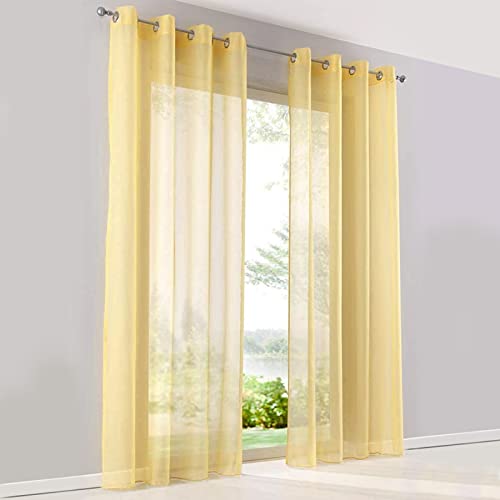 SIMPVALE 2 Paneles Cortinas Translúcida Visillos con Ojales para Ventanas Balcón Salón, Ancho 140cm/Altura 245cm, Amarillo Cover