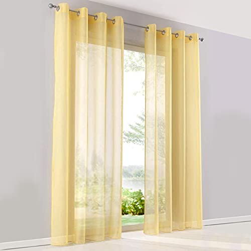 SIMPVALE 2 Paneles Cortinas Translúcida Visillos con Ojales para Ventanas Balcón Salón, Ancho 140cm Altura 245cm, Amarillo