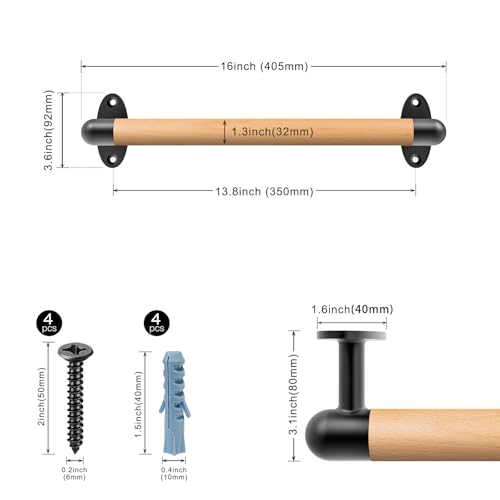 Insaga Wooden Handrail for Stairs 41cm Staircase Railing Wall Mounted Bannister Hand Rail Round Non-Slip Handle Grab Bar Indoor Outdoor Barrier-Free Safety Grip with Fittings for Elderly Disabled - Image 3