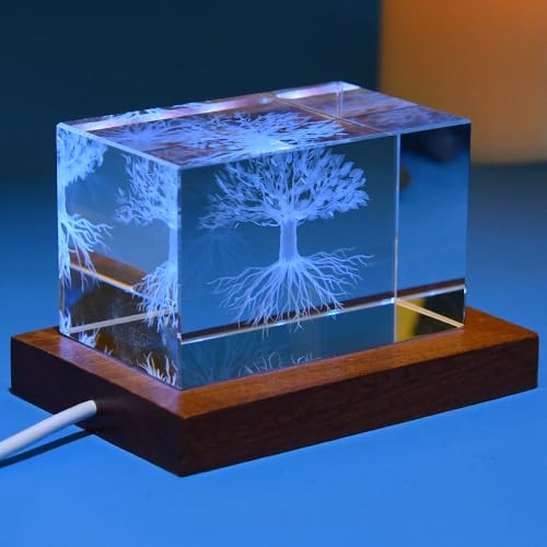 ZRENJHUS 3D Tree of Life Crystal Cube Tree Life Decorative Night Light Glass Plant Life Tree Lucky Home Decor with 10 Colorful Lighting Modes Stand