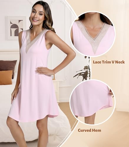 Image of NACHILA Women's Nightgowns-Viscose Made from Bamboo,Sleeveless Tank Night Gown Crew Neck Sleep Dress Cool Sleepshirts