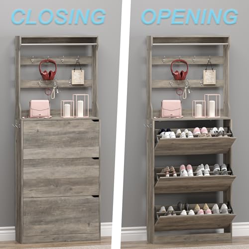 Shoe Cabinet with 3 Flip Drawers & Coat Rack, Narrow Hidden Shoe Storage Cabinet, 2-in-1 Hall Tree Slim Freestanding Shoe Rack Organizer for Entryway, Hallway, and Living Room