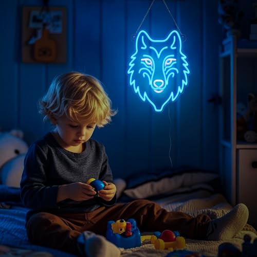 Image of CoolGift Mart Wolf Neon Sign, Dimmable LED Wolf Light Animal Wall Decor, Christmas Gift Birthday Gifts for Boys Men, Bedroom Living Room Man Cave Home Decoration With USB Powered