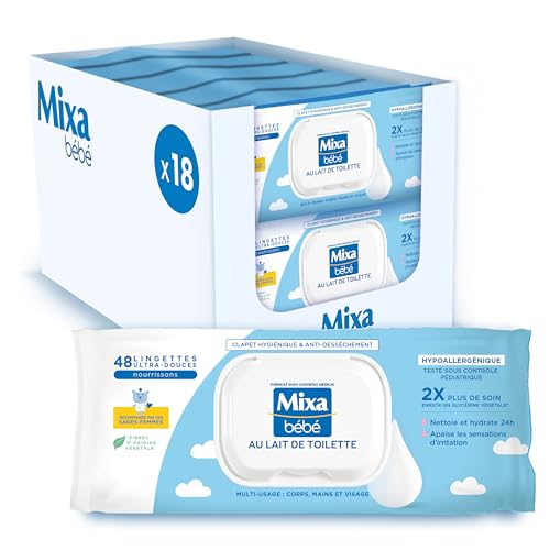 Mixa Lingettes Bébé Au Lait De Toilette, Lot de 18 x 48 lingettes