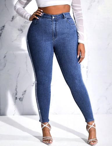 Womens High Waisted Stretch Skinny Jean Plus Size Side Rhinestone Denim Pants3
