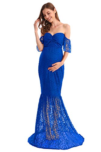AYMENII Vestido de maternidad de encaje de sirena de las mujeres cariño fuera del hombro de la manga de la colmena de la sesión de fotos de la boda noche del bebé