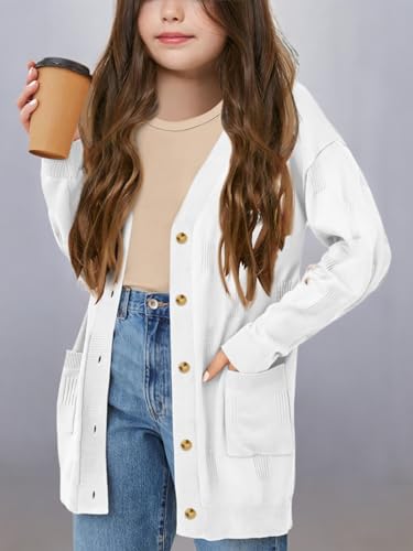 Image of Girls Cardigans Kids Fashion Open Front Long Sleeve Knit Sweaters Outerwear with Pockets 5-14 Years White