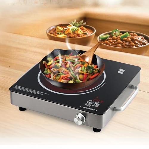 Image of CELLO Blazing Urja Cook Infrared Cooktop Stove 2200W Black | Crystal Glass Top Plate, Digital Display, Sensor Touch Controls, Auto Shut Off, 4KV Surge Protection | For Frying Boiling | 1 Year Warranty