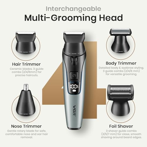 Image of VGR V-634 Professional 4-in-1 Grooming Kit for Men, 90 Min Runtime, Ceramic Precision Blades, IPX7 Washable, USB Type-C Fast Charging, 9 Guide Combs (2 /4 /6mm Hair & Body, 3 /5 /7mm Shaver) (Grey)