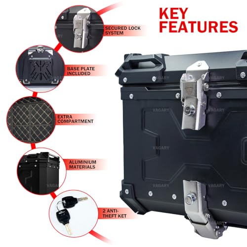 Image of Vagary Metal Universal Motorcycle Top Box Pannier,45L Motorbike Hard Box Trunk Luggage Fit to Re Himalyan 450, Cassic 350, Meteor 350, Hunter 350, KTM Adventure, Hero X-Pulse 200, Meteor 650 (Black)