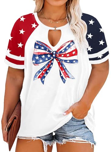 Image of Ithalt Plus Size American Flag Shirt Women Bow T Shirt 4th of July Shirts USA Patriotic V Neck Tees for Independence Day