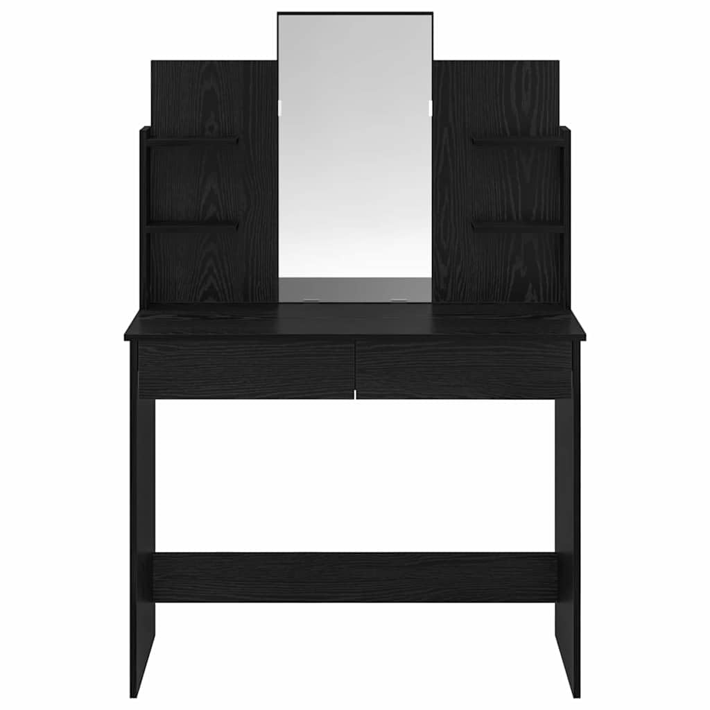 Générique Schminktisch mit Spiegel, Eiche, Schwarz, 96 x 142 cm | Glattes Holz, Regale aus Brettern, ausziehbare Schubladen, einfache Reinigung